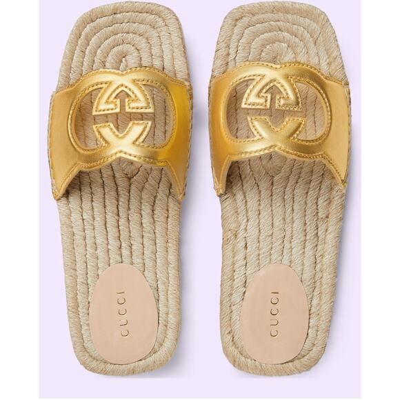 Gucci Shoes - Gucci Interlocking G Cut Out Espadrille Gold Leather GG Slide Sandal 38.5